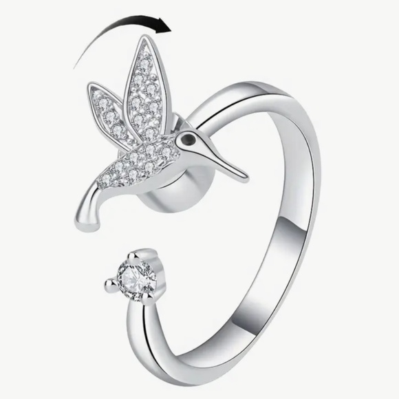 Shimmering Spinning Hummingbird Ring, CZ stones and silver tone, adjustable - Picture 6 of 8